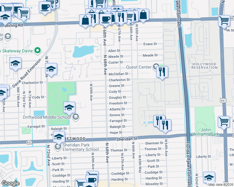 map of restaurants, bars, coffee shops, grocery stores, and more near 6711 Douglas Street in Hollywood