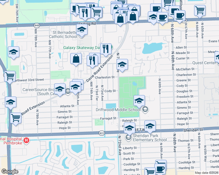 map of restaurants, bars, coffee shops, grocery stores, and more near 3101 North 72nd Terrace in Hollywood