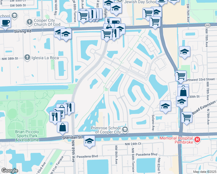 map of restaurants, bars, coffee shops, grocery stores, and more near 3500 Northwest 84th Way in Hollywood