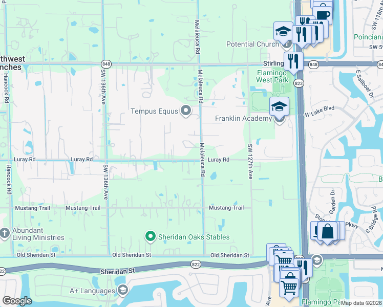 map of restaurants, bars, coffee shops, grocery stores, and more near 6541 Melaleuca Road in Southwest Ranches