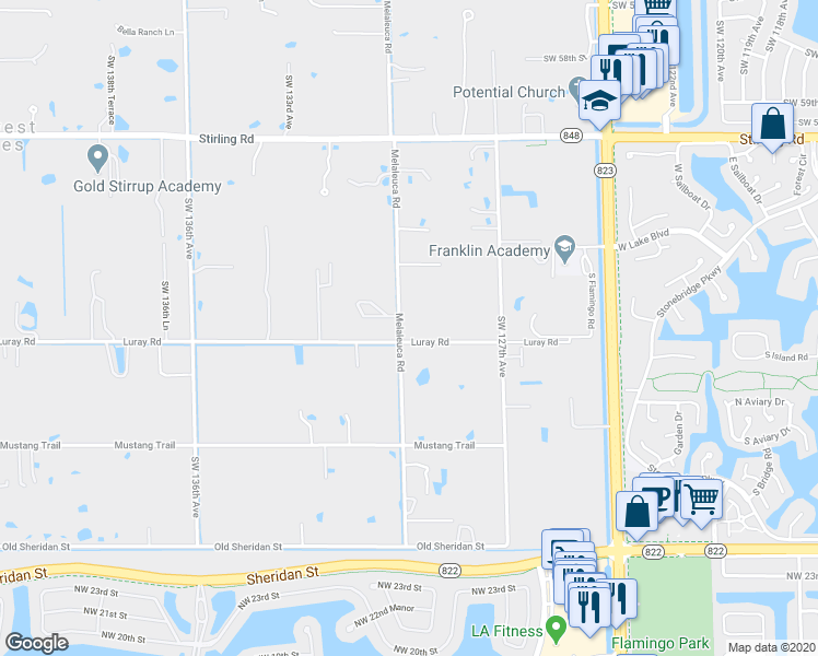 map of restaurants, bars, coffee shops, grocery stores, and more near 6540 Melaleuca Road in Southwest Ranches