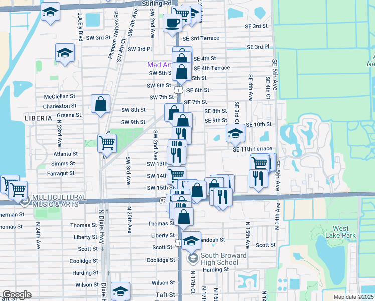 map of restaurants, bars, coffee shops, grocery stores, and more near 35 Southeast 12th Street in Dania Beach