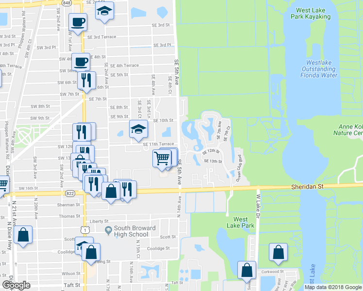 map of restaurants, bars, coffee shops, grocery stores, and more near 1125 Southeast 5th Court in Dania Beach