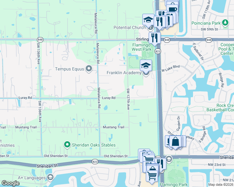 map of restaurants, bars, coffee shops, grocery stores, and more near 12801 Luray Road in Southwest Ranches