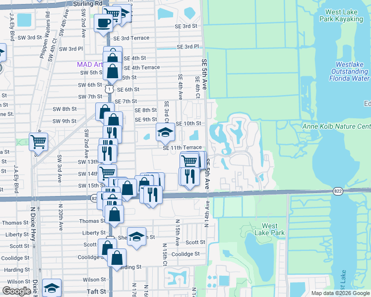 map of restaurants, bars, coffee shops, grocery stores, and more near 430 Southeast 11th Terrace in Dania Beach