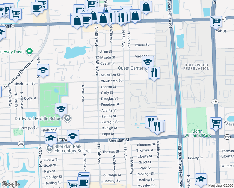 map of restaurants, bars, coffee shops, grocery stores, and more near 6611 Douglas Street in Hollywood