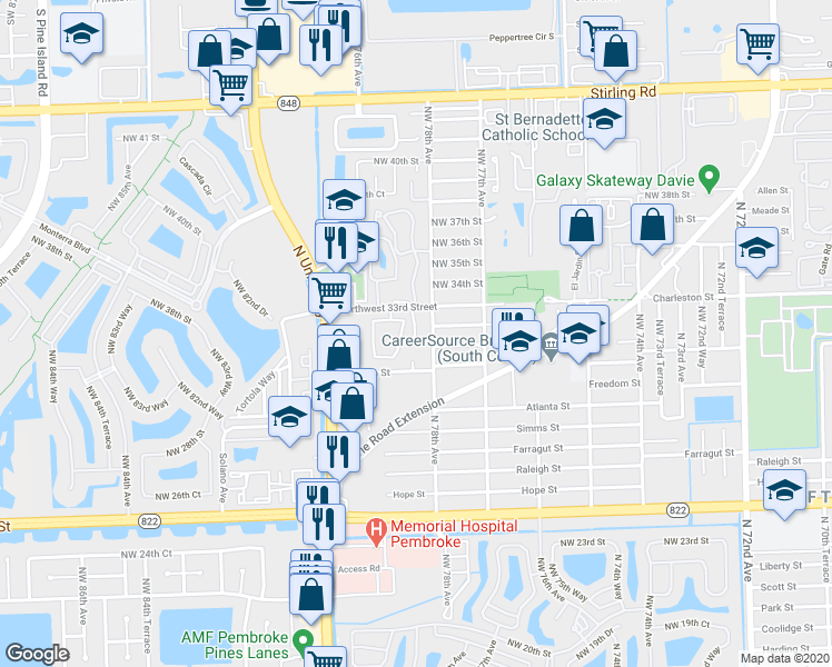 map of restaurants, bars, coffee shops, grocery stores, and more near 7830 Northwest 33rd Street in Hollywood