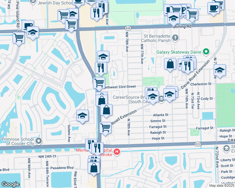 map of restaurants, bars, coffee shops, grocery stores, and more near 7830 Northwest 33rd Street in Hollywood