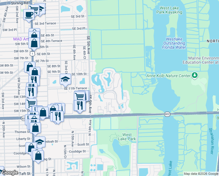 map of restaurants, bars, coffee shops, grocery stores, and more near 650 Southeast 12th Street in Dania Beach