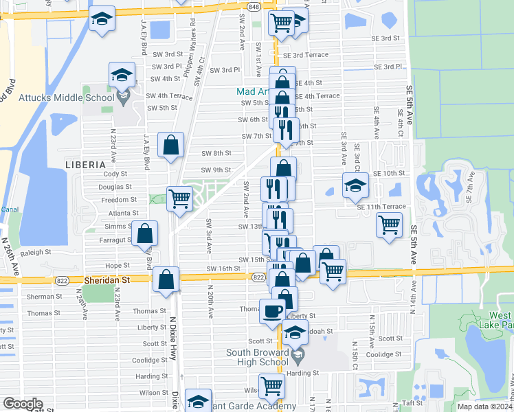 map of restaurants, bars, coffee shops, grocery stores, and more near 55 Southwest 12th Street in Dania Beach
