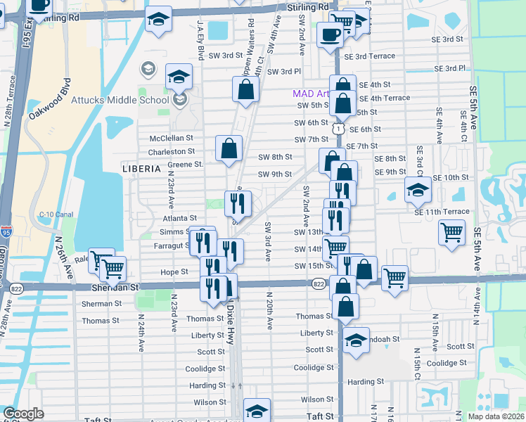 map of restaurants, bars, coffee shops, grocery stores, and more near 307 West Dixie Highway in Dania Beach