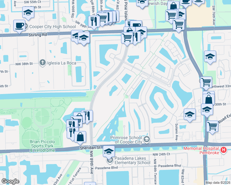 map of restaurants, bars, coffee shops, grocery stores, and more near 3604 Northwest 85th Avenue in Pembroke Pines