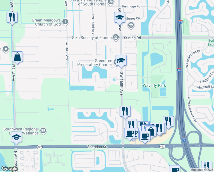 map of restaurants, bars, coffee shops, grocery stores, and more near 16210 Cranberry Court in Davie