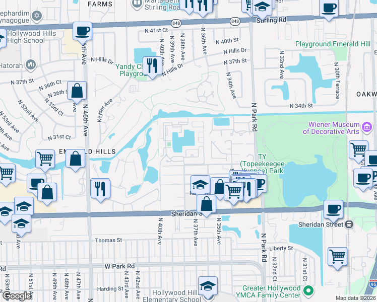 map of restaurants, bars, coffee shops, grocery stores, and more near 3730 Amalfi Drive in Hollywood