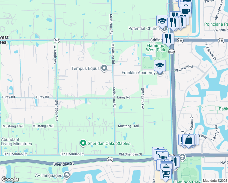 map of restaurants, bars, coffee shops, grocery stores, and more near 6540 Melaleuca Road in Southwest Ranches