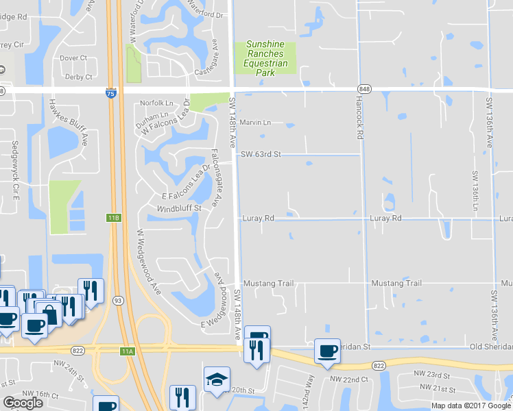 map of restaurants, bars, coffee shops, grocery stores, and more near 14701 Luray Road in Southwest Ranches