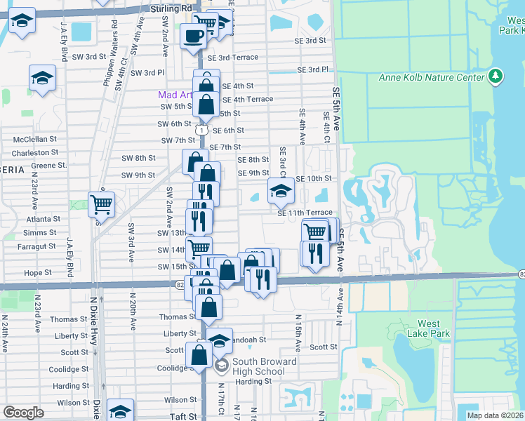 map of restaurants, bars, coffee shops, grocery stores, and more near 330 Southeast 11th Terrace in Dania Beach