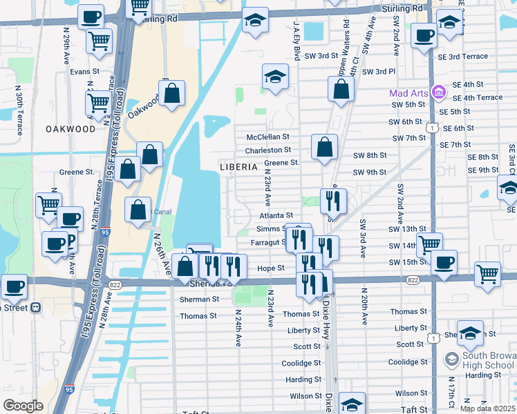 map of restaurants, bars, coffee shops, grocery stores, and more near 2314 Atlanta Street in Hollywood