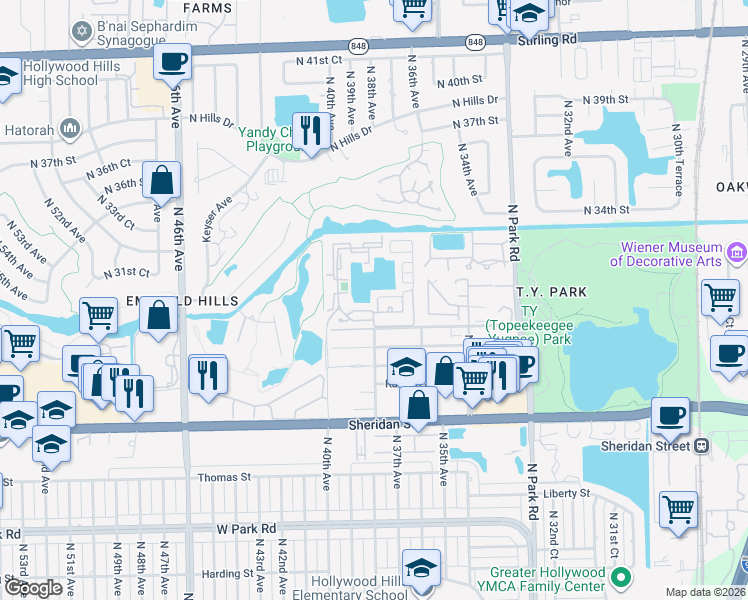 map of restaurants, bars, coffee shops, grocery stores, and more near 3855 Amalfi Drive in Hollywood