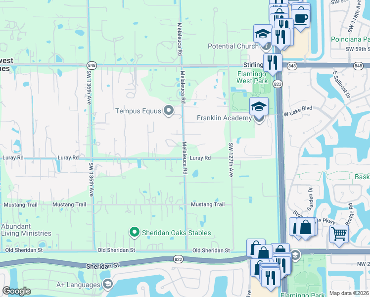 map of restaurants, bars, coffee shops, grocery stores, and more near 6540 Melaleuca Road in Southwest Ranches