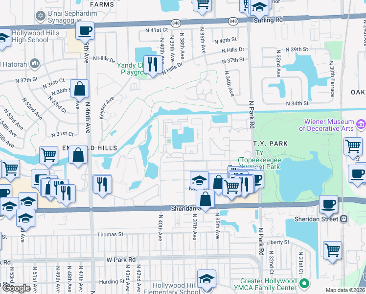 map of restaurants, bars, coffee shops, grocery stores, and more near 3130 North 38th Avenue in Hollywood