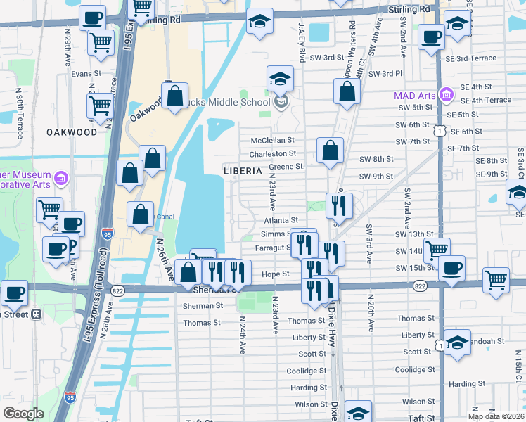 map of restaurants, bars, coffee shops, grocery stores, and more near 2314 Atlanta Street in Hollywood