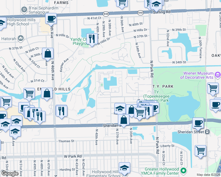 map of restaurants, bars, coffee shops, grocery stores, and more near 3855 Amalfi Drive in Hollywood