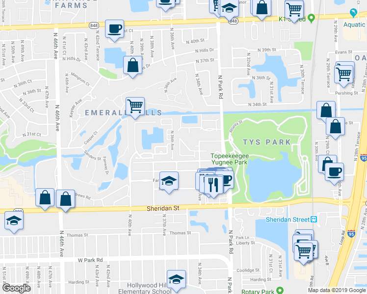 map of restaurants, bars, coffee shops, grocery stores, and more near 3432 Forrest Drive in Hollywood