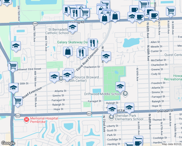 map of restaurants, bars, coffee shops, grocery stores, and more near 3101 North 73rd Avenue in Hollywood