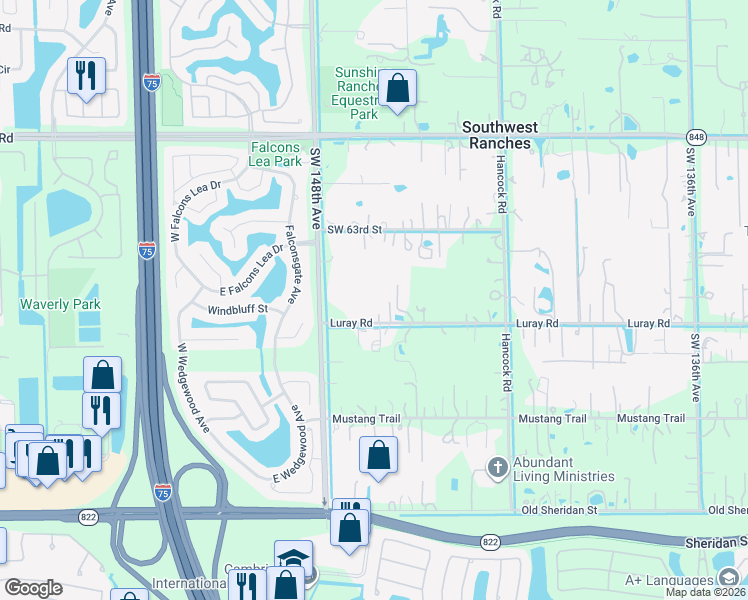 map of restaurants, bars, coffee shops, grocery stores, and more near 14551 Luray Road in Southwest Ranches