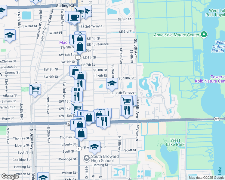 map of restaurants, bars, coffee shops, grocery stores, and more near 1025 Southeast 3rd Avenue in Dania Beach