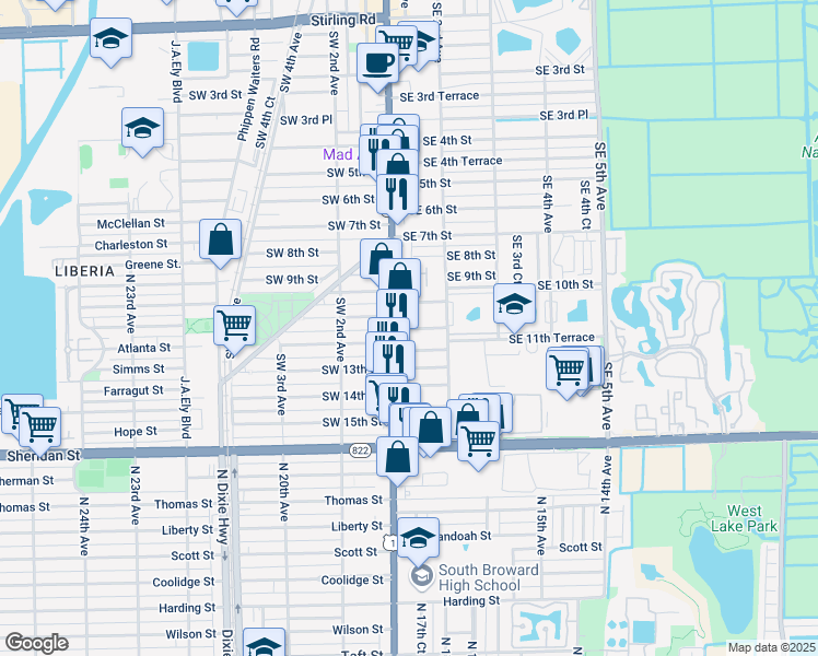 map of restaurants, bars, coffee shops, grocery stores, and more near 34 Southeast 10th Terrace in Dania Beach