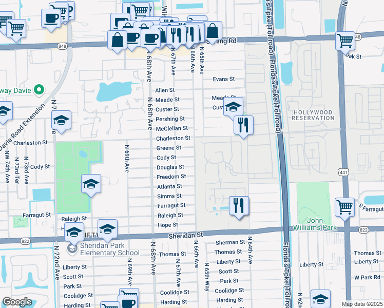 map of restaurants, bars, coffee shops, grocery stores, and more near 6611 Greene Street in Hollywood