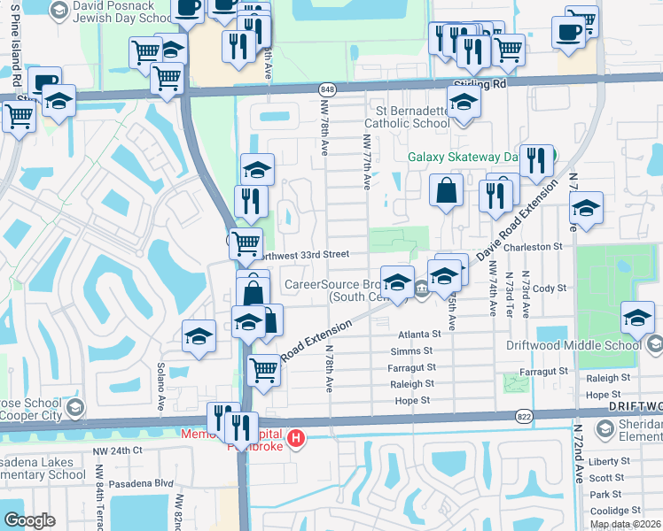 map of restaurants, bars, coffee shops, grocery stores, and more near 7791 Northwest 32nd Street in Hollywood