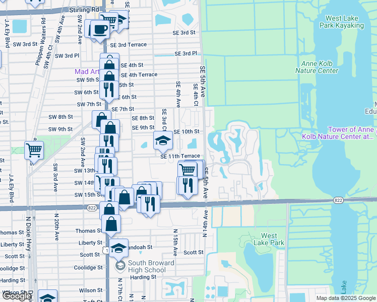 map of restaurants, bars, coffee shops, grocery stores, and more near 422 Southeast 10th Street in Dania Beach