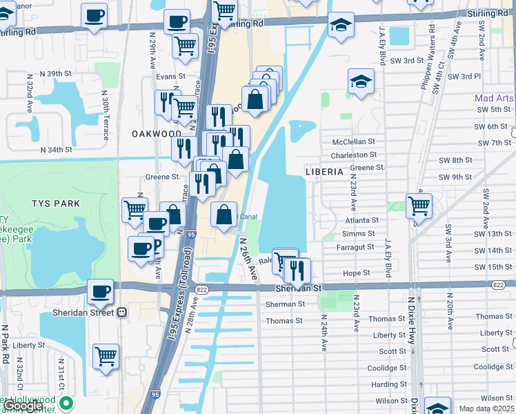 map of restaurants, bars, coffee shops, grocery stores, and more near 2620 North 26th Avenue in Hollywood