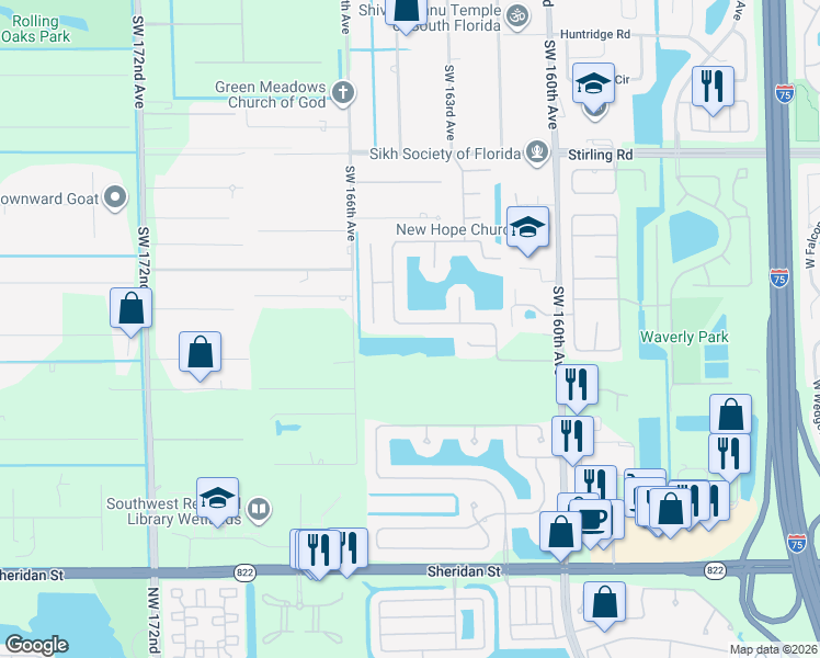map of restaurants, bars, coffee shops, grocery stores, and more near 16427 Erie Place in Davie