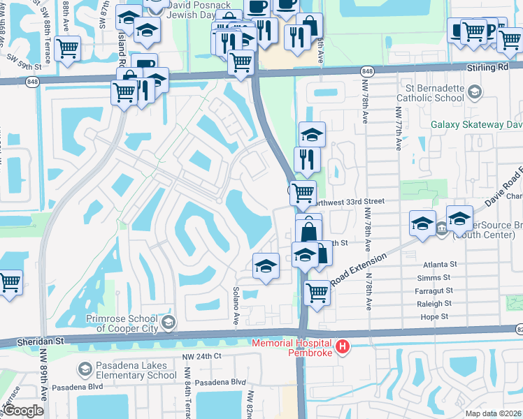 map of restaurants, bars, coffee shops, grocery stores, and more near 3595 Northwest 82nd Drive in Pembroke Pines