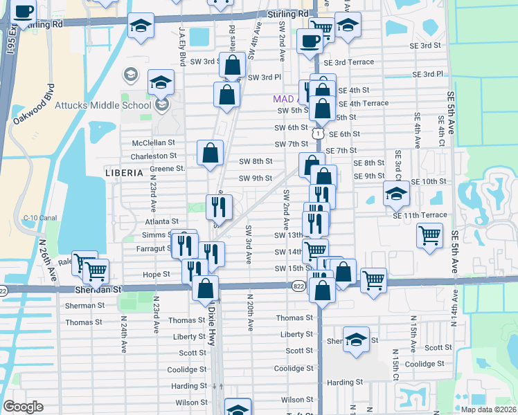 map of restaurants, bars, coffee shops, grocery stores, and more near 242 Southwest 11th Street in Dania Beach