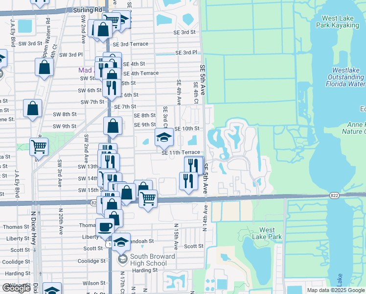 map of restaurants, bars, coffee shops, grocery stores, and more near 1024 Southeast 4th Avenue in Dania Beach