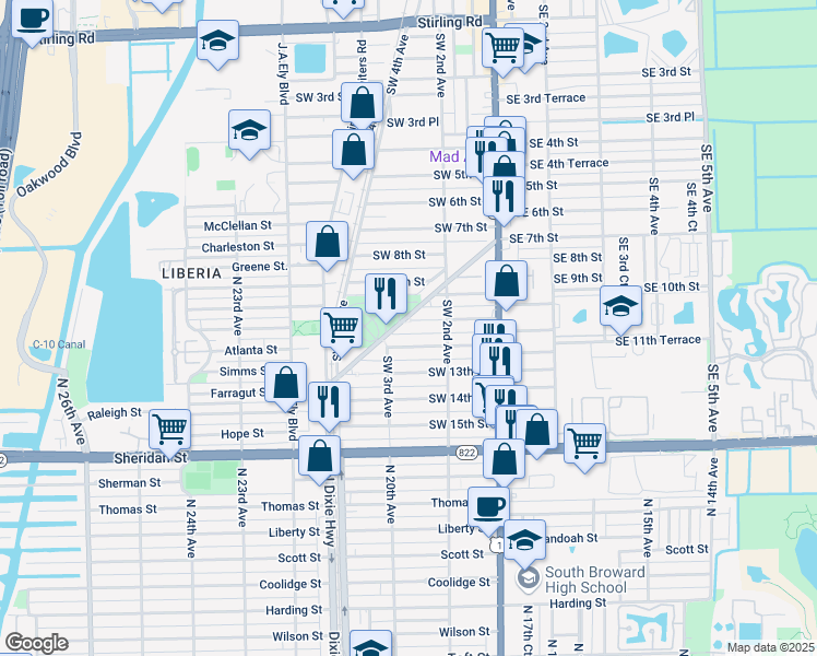map of restaurants, bars, coffee shops, grocery stores, and more near 242 Southwest 11th Street in Dania Beach