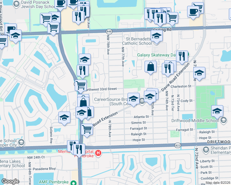 map of restaurants, bars, coffee shops, grocery stores, and more near 7761 Northwest 33rd Street in Hollywood