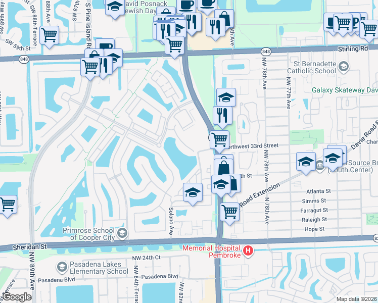 map of restaurants, bars, coffee shops, grocery stores, and more near 3595 Northwest 82nd Drive in Pembroke Pines