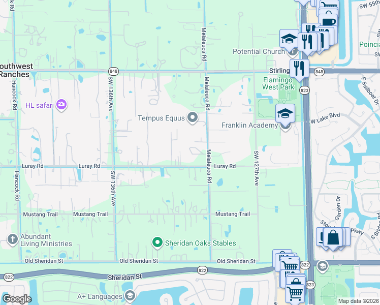 map of restaurants, bars, coffee shops, grocery stores, and more near 6509 Southwest 130th Avenue in Southwest Ranches