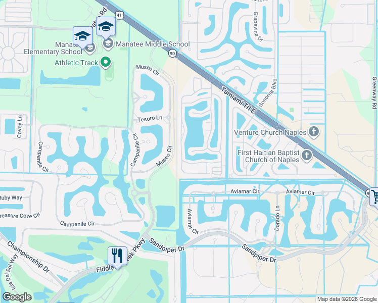 map of restaurants, bars, coffee shops, grocery stores, and more near 518 Cheetah Drive in Naples