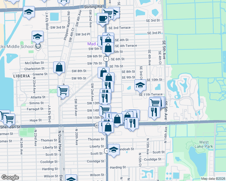 map of restaurants, bars, coffee shops, grocery stores, and more near 34 Southeast 10th Terrace in Dania Beach
