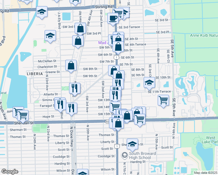 map of restaurants, bars, coffee shops, grocery stores, and more near 54 Southwest 11th Street in Dania Beach