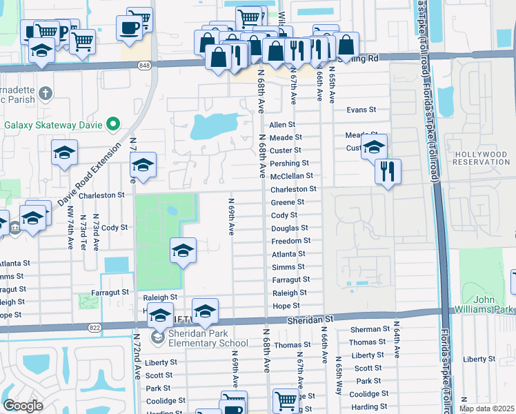 map of restaurants, bars, coffee shops, grocery stores, and more near 6791 Greene Street in Hollywood