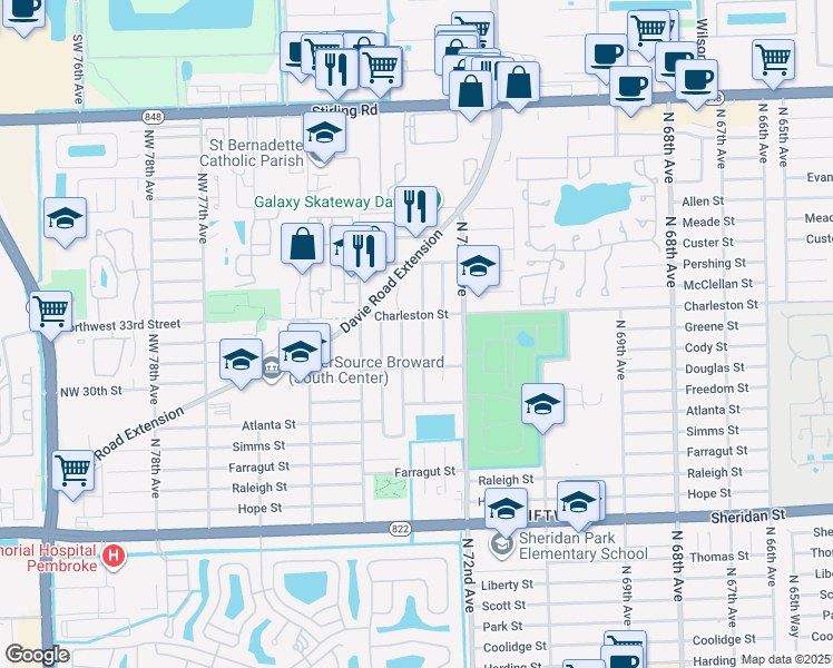 map of restaurants, bars, coffee shops, grocery stores, and more near 3231 North 73rd Avenue in Hollywood