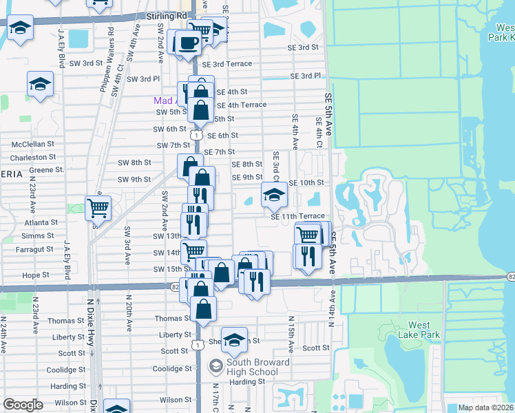 map of restaurants, bars, coffee shops, grocery stores, and more near 1025 Southeast 3rd Avenue in Dania Beach